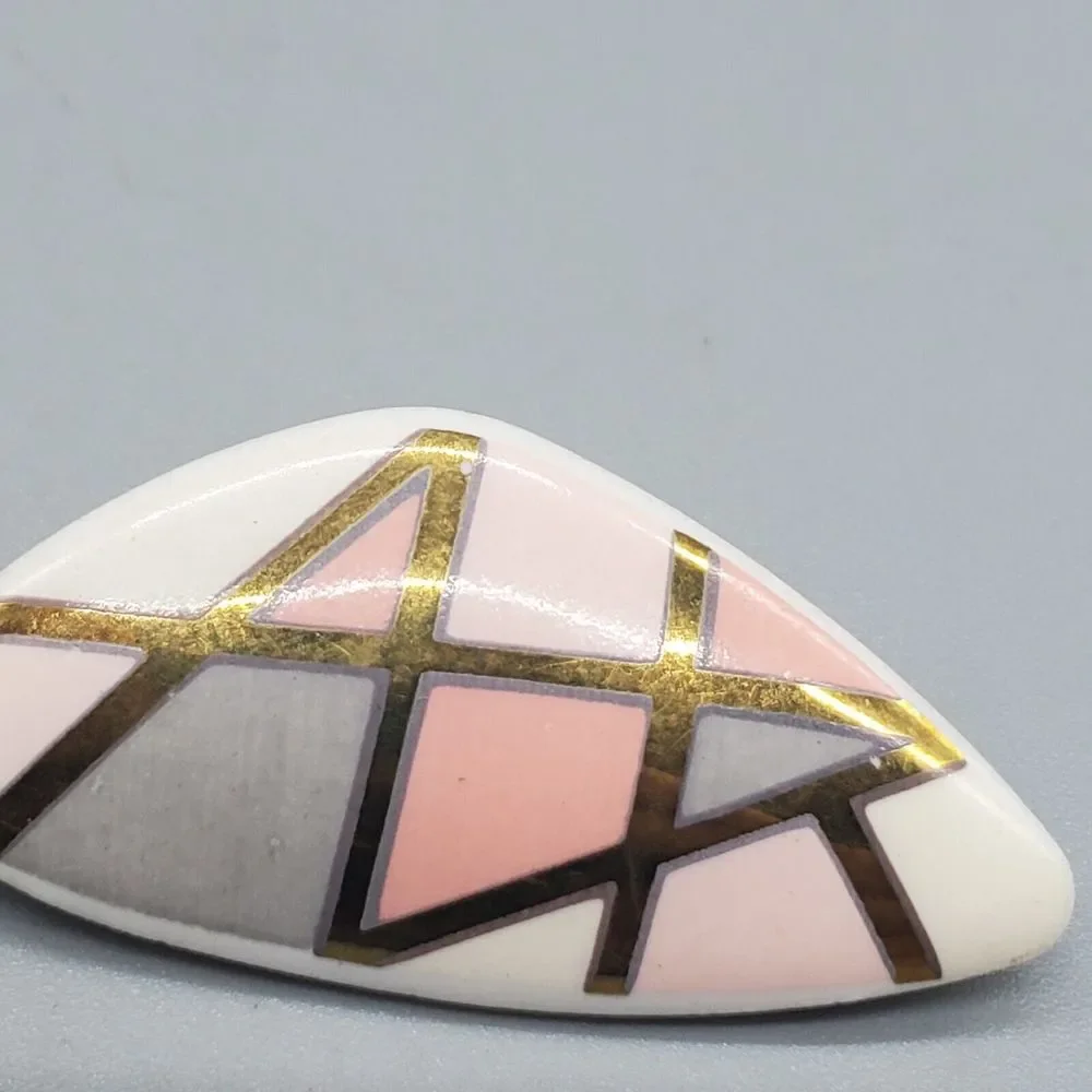 Vintage Ceramic Earrings Clip On Cream Pink Purple Gold Tone Trim Geometric - Picture 2 of 7